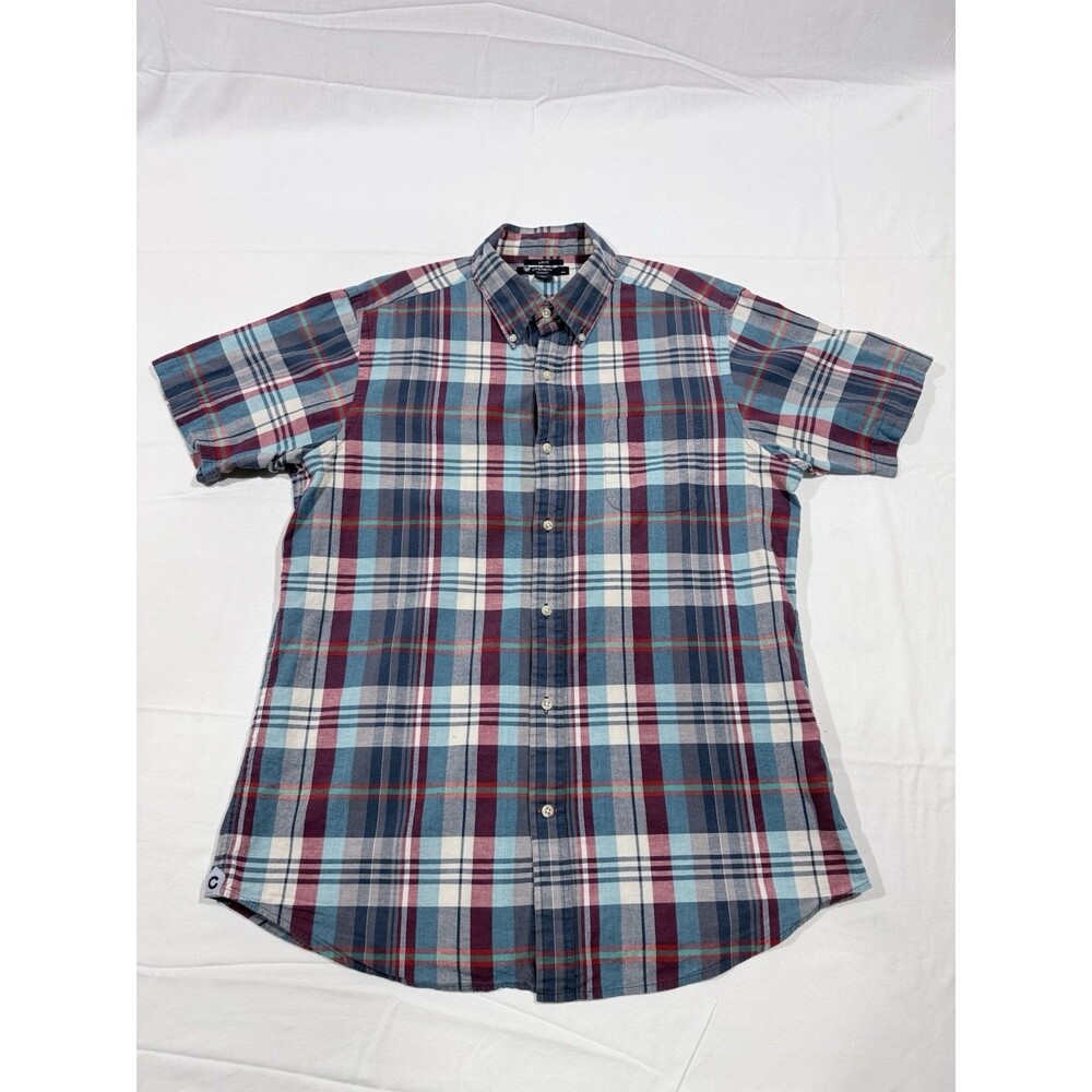 Cremieux Classics Linen Shirt Men Large Blue Yellow Plaid Short Sleeve Button Up